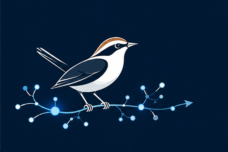 The FlyWren mark: a wren perched on a branching line of connected nodes that ends in an arrow.